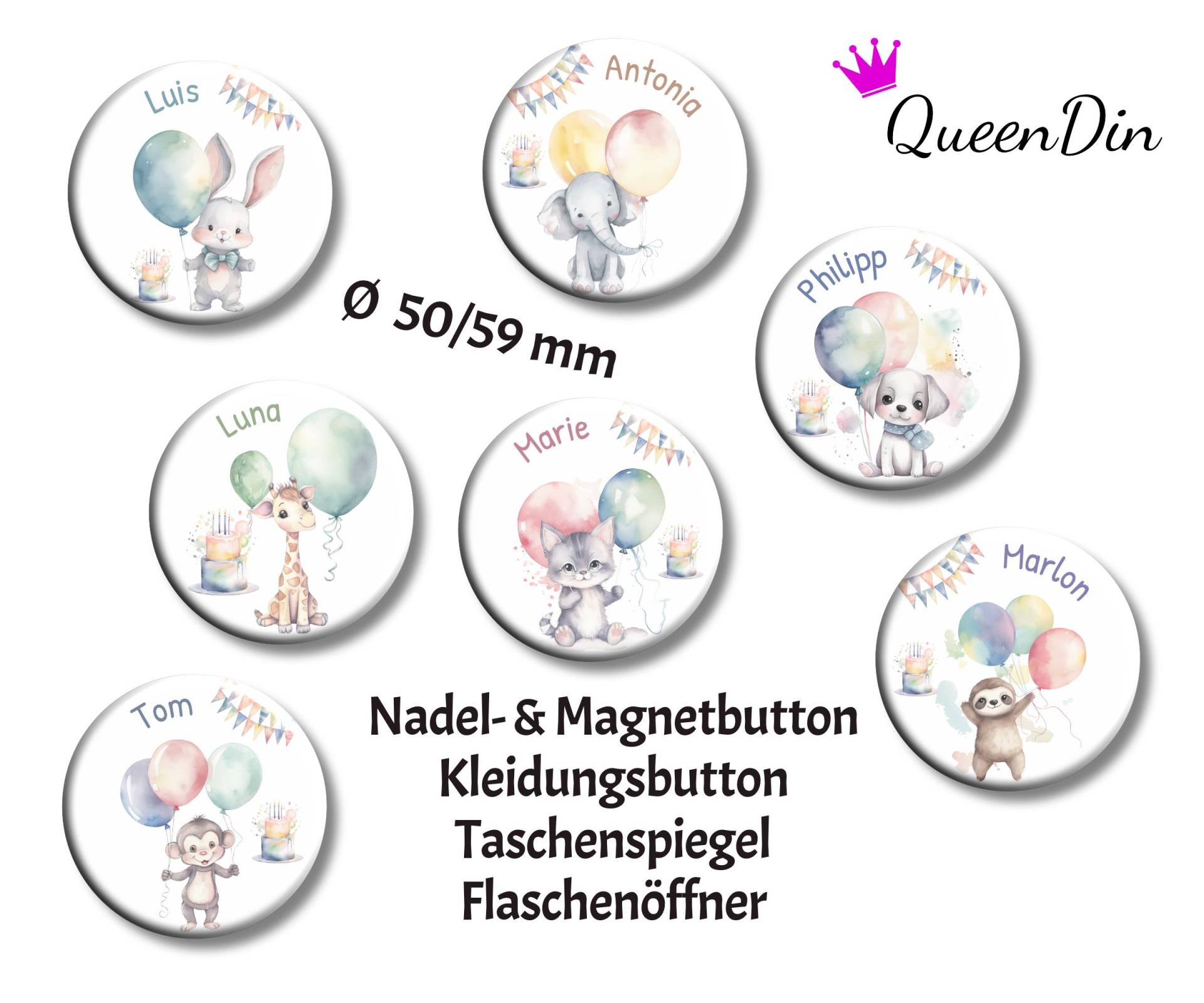 Button "Kindergeburtstag" Ø50/59 Mm Mit Wunschname | Magnet Kleidungsbutton Taschenspiegel Flaschenöffner von QueenDin