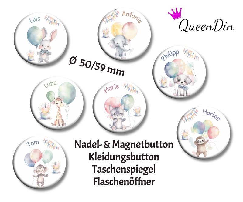 Button "Kindergeburtstag" Ø50/59 Mm Mit Wunschname | Magnet Kleidungsbutton Taschenspiegel Flaschenöffner von QueenDin