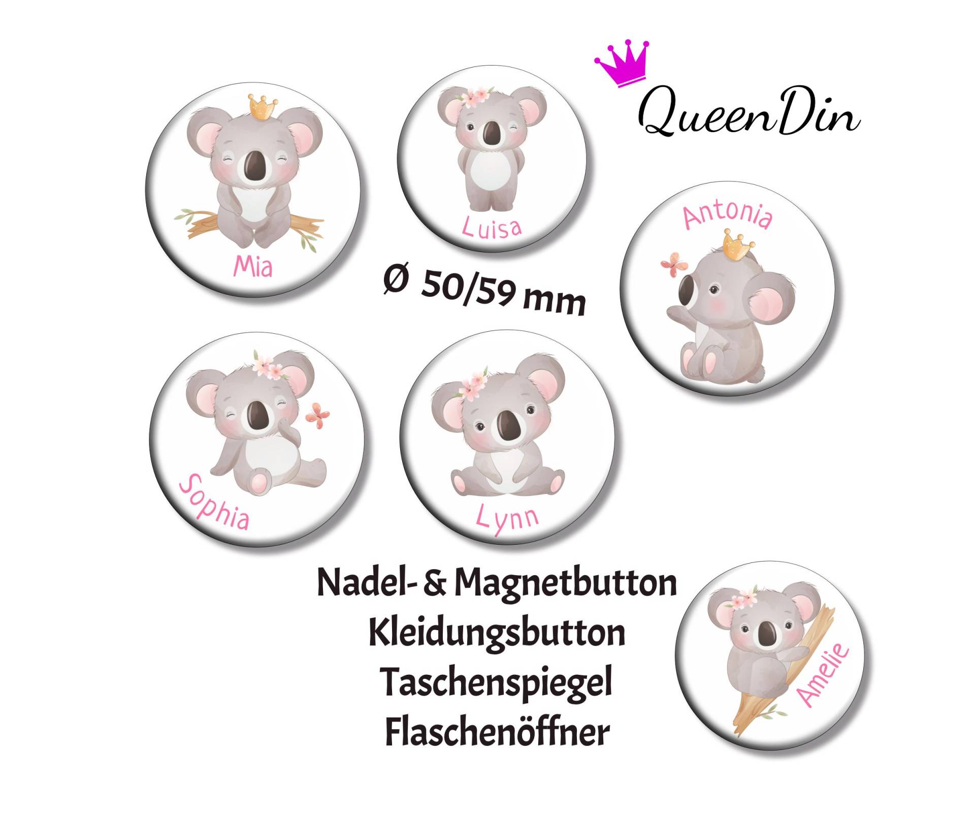 Button "Koala" Ø50/59 Mm Mit Wunschname | Magnet Kleidungsbutton Taschenspiegel Flaschenöffner von QueenDin