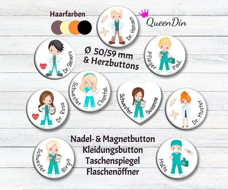 Button "Krankenhaus" Ø50/59 Mm, Herzbutton Mit Wunschname | Magnet Kleidungsbutton Taschenspiegel Flaschenöffner von QueenDin