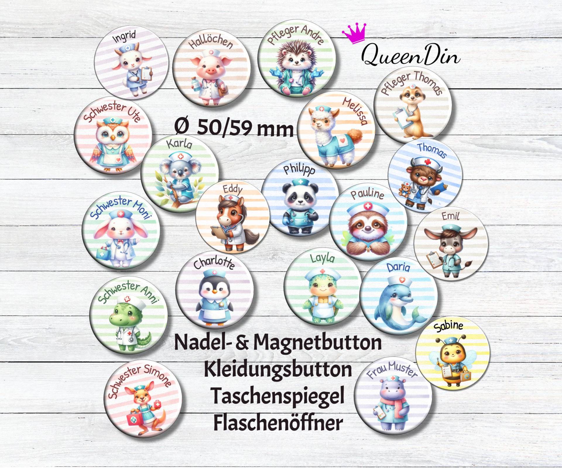 Button "Krankenhaus Tiere" Ø50/59 Mm Mit Wunschname | Nadelanstecker Magnet Kleidungsbutton Taschenspiegel Flaschenöffner von QueenDin