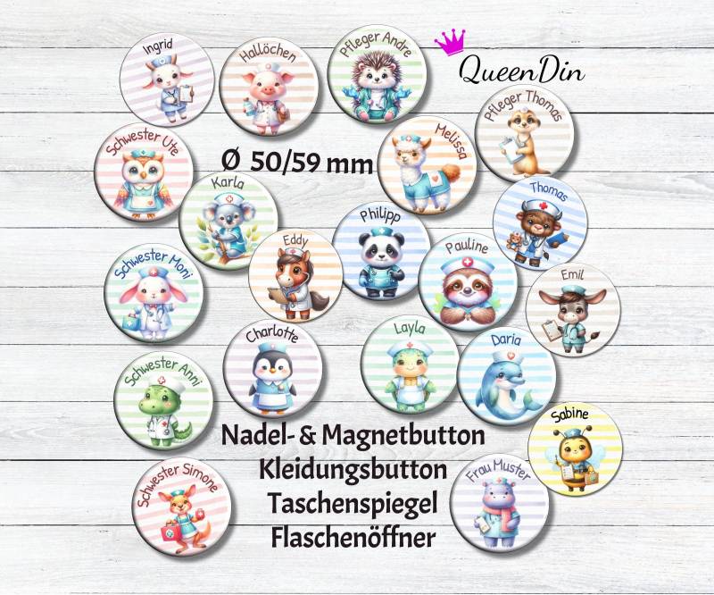 Button "Krankenhaus Tiere" Ø50/59 Mm Mit Wunschname | Nadelanstecker Magnet Kleidungsbutton Taschenspiegel Flaschenöffner von QueenDin
