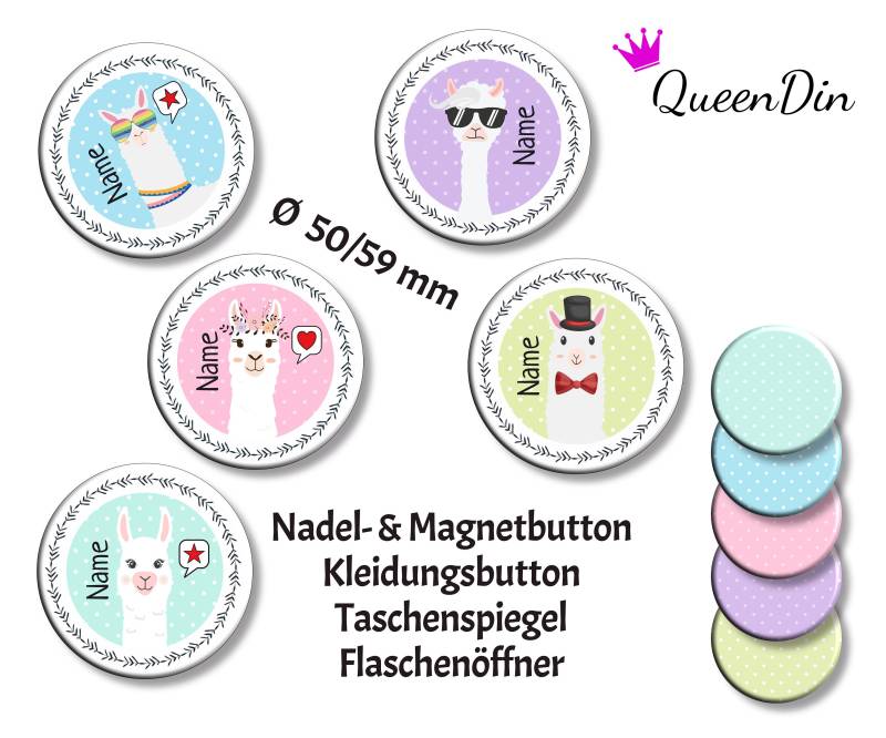 Button "Lama" Ø50/59 Mm Mit Wunschname | Magnet Kleidungsbutton Taschenspiegel Flaschenöffner von QueenDin