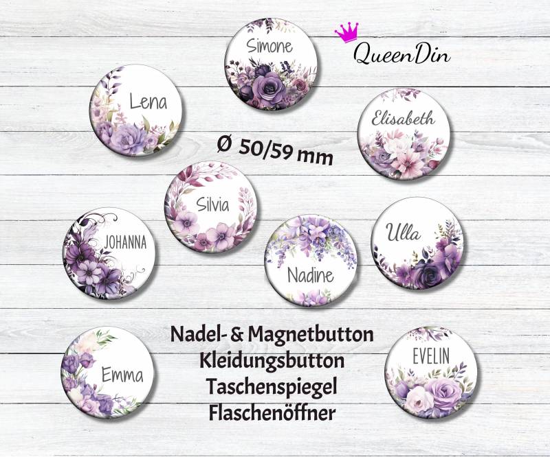 Button "Lila & Flieder Blumen" Ø50/59 Mm Mit Wunschname | Magnet Kleidungsbutton Taschenspiegel Flaschenöffner von QueenDin