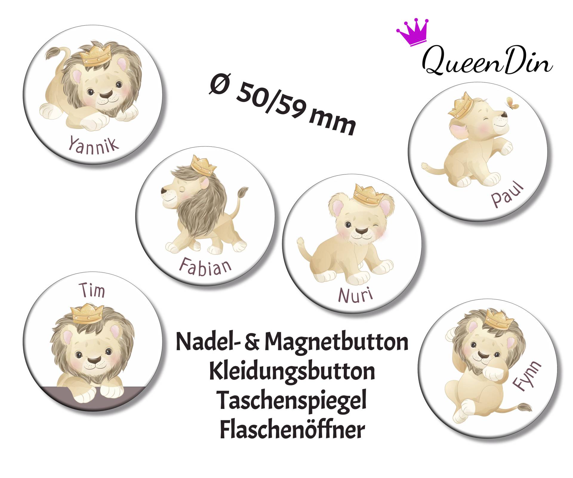 Button "Löwe" Ø50/59 Mm Mit Wunschname | Magnet Kleidungsbutton Taschenspiegel Flaschenöffner von QueenDin