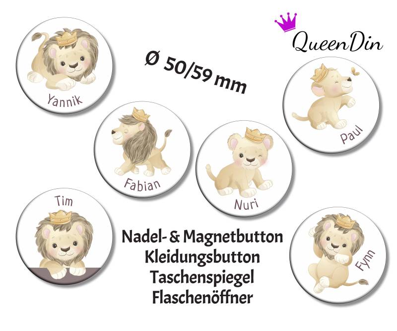 Button "Löwe" Ø50/59 Mm Mit Wunschname | Magnet Kleidungsbutton Taschenspiegel Flaschenöffner von QueenDin