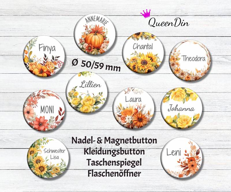 Button "Orange & Gelbe Blumen" Ø50/59 Mm Mit Wunschname | Magnet Kleidungsbutton Taschenspiegel Flaschenöffner von QueenDin