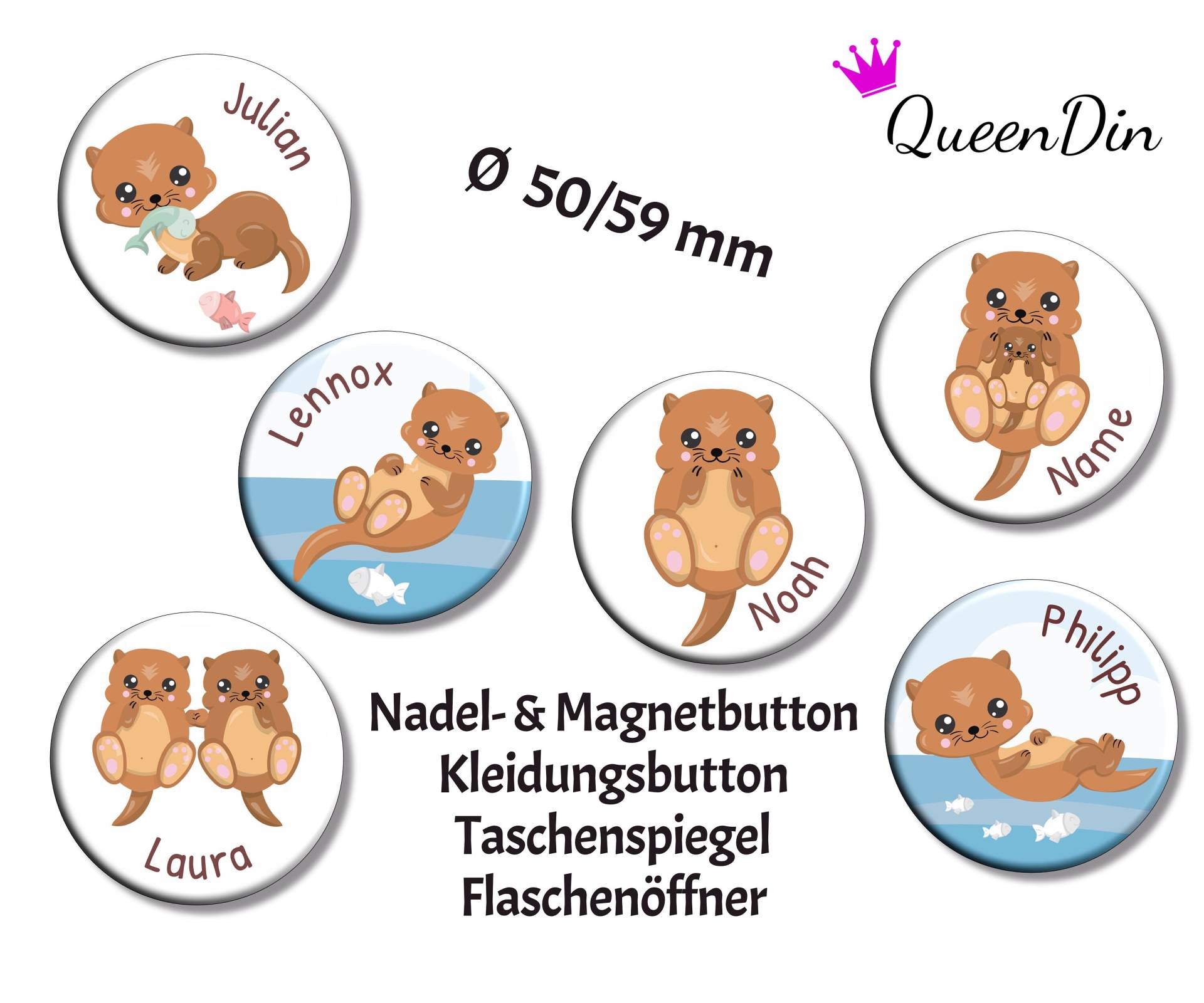 Button "Otter" Ø50/59 Mm Mit Wunschname | Magnet Kleidungsbutton Taschenspiegel Flaschenöffner von QueenDin