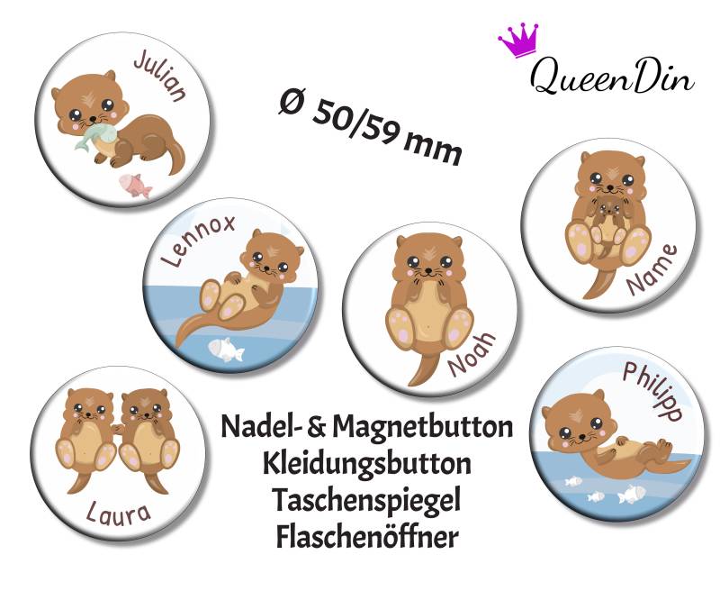 Button "Otter" Ø50/59 Mm Mit Wunschname | Magnet Kleidungsbutton Taschenspiegel Flaschenöffner von QueenDin