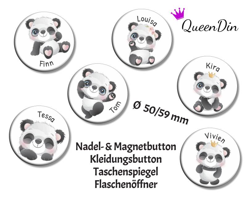 Button "Panda" Ø50/59 Mm Mit Wunschname | Magnet Kleidungsbutton Taschenspiegel Flaschenöffner von QueenDin