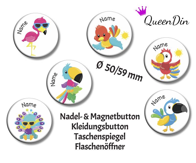 Button "Paradiesvogel" Ø50/59 Mm Mit Wunschname | Magnet Kleidungsbutton Taschenspiegel Flaschenöffner von QueenDin