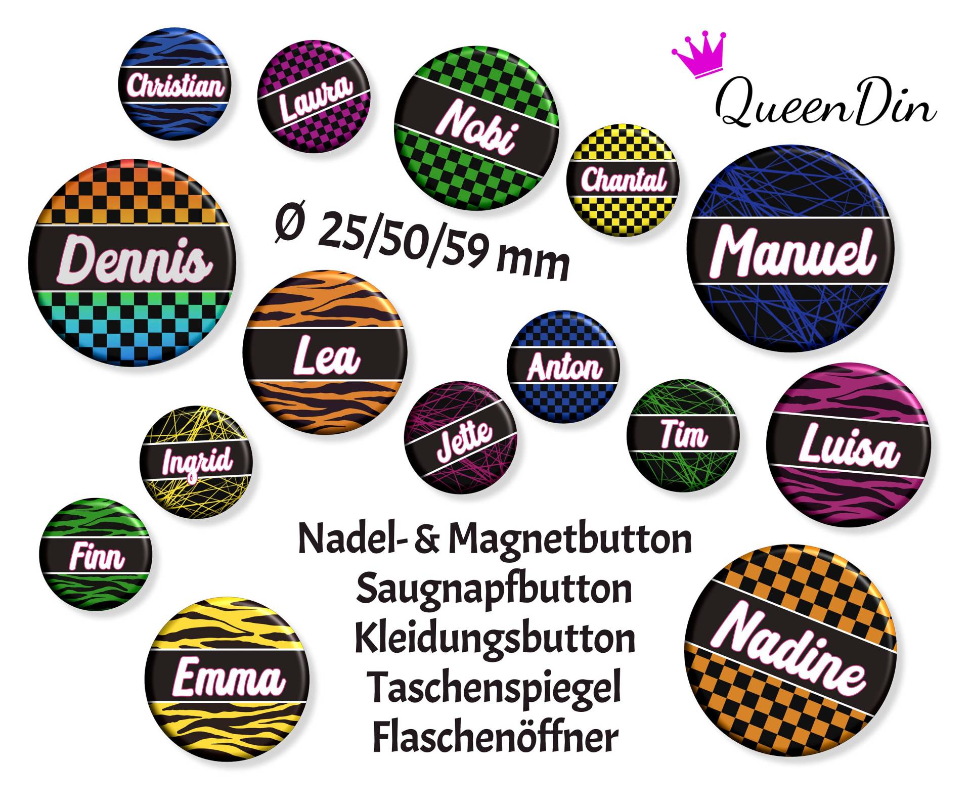 Button "Party" Ø25/50/59 Mm Mit Wunschname | Magnet Kleidungsbutton Taschenspiegel Flaschenöffner Glasmarkierer von QueenDin