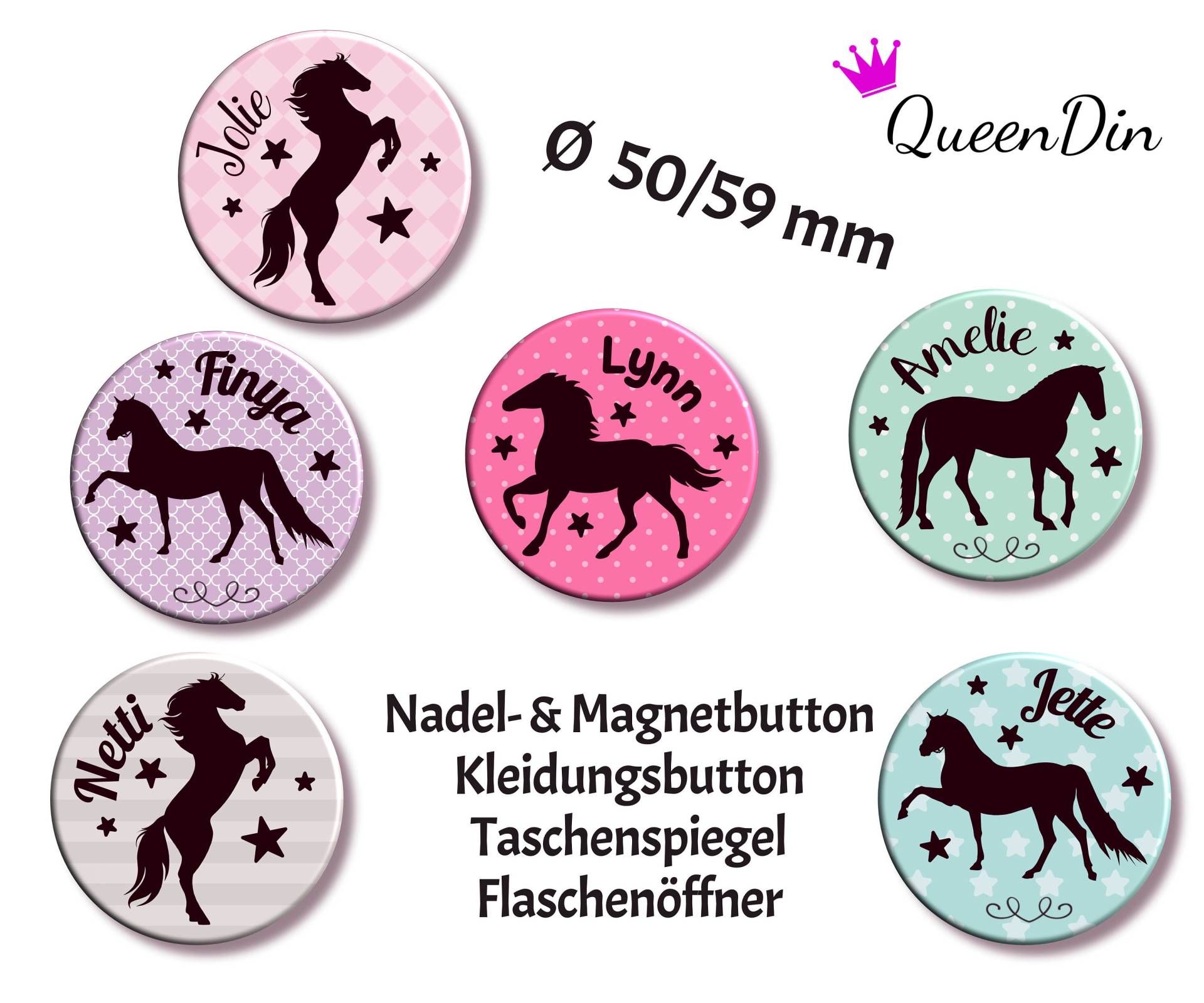 Button "Pferd" 50/59 Mm Mit Wunschname | Magnet Kleidungsbutton Taschenspiegel Flaschenöffner von QueenDin