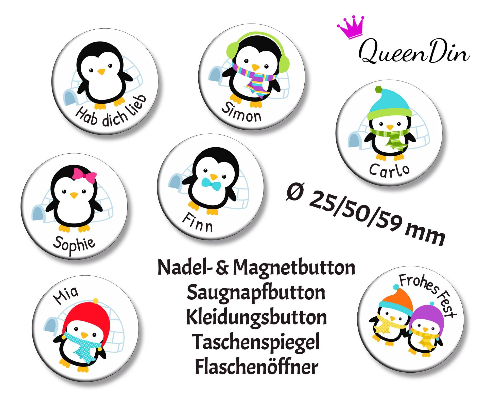 Button "Pinguin" Ø25/50/59 Mm Mit Wunschname | Magnet Kleidungsbutton Taschenspiegel Flaschenöffner Glasmarkierer von QueenDin