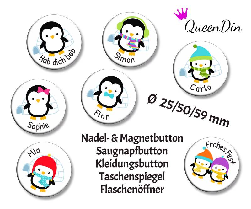 Button "Pinguin" Ø25/50/59 Mm Mit Wunschname | Magnet Kleidungsbutton Taschenspiegel Flaschenöffner Glasmarkierer von QueenDin