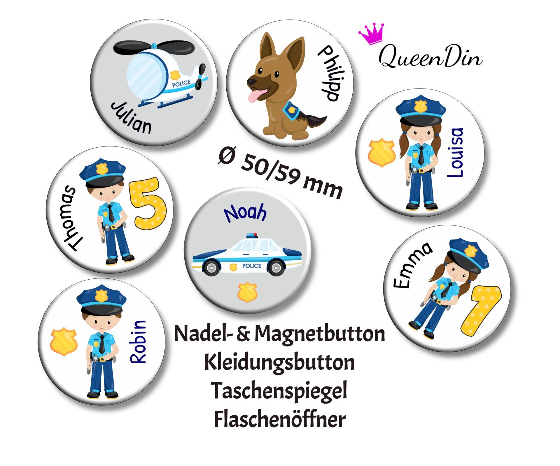 Button "Polizei" Ø50/59 Mm Mit Wunschname | Magnet Kleidungsbutton Taschenspiegel Flaschenöffner von QueenDin