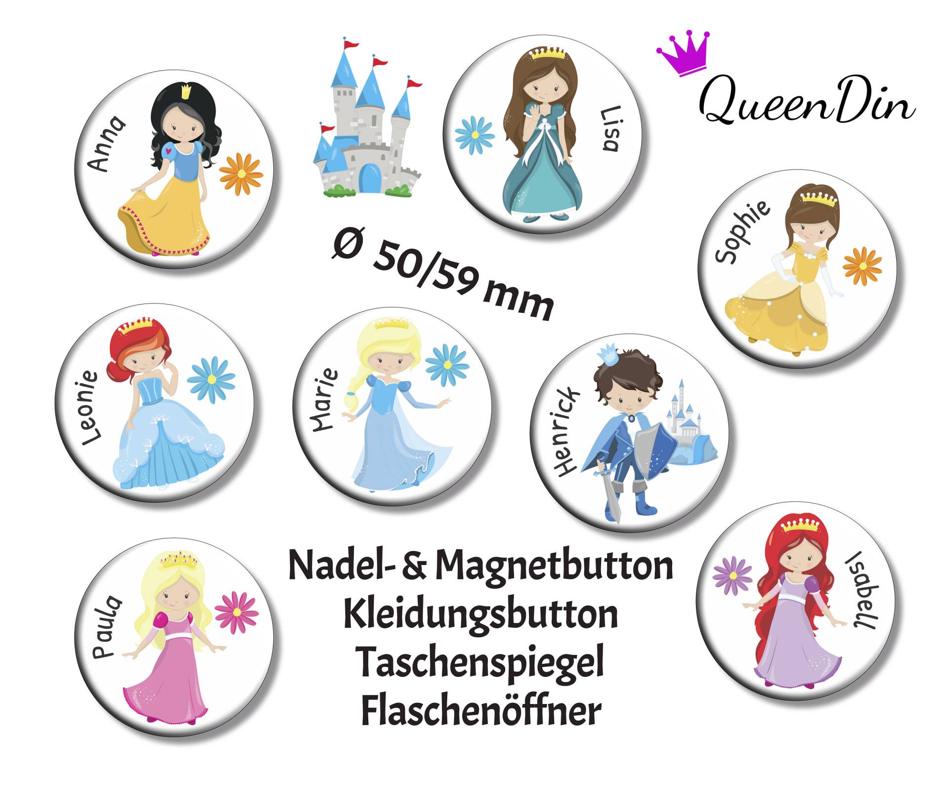 Button "Prinzessin Ii" Ø50/59 Mm Mit Wunschname | Magnet Kleidungsbutton Taschenspiegel Flaschenöffner von QueenDin
