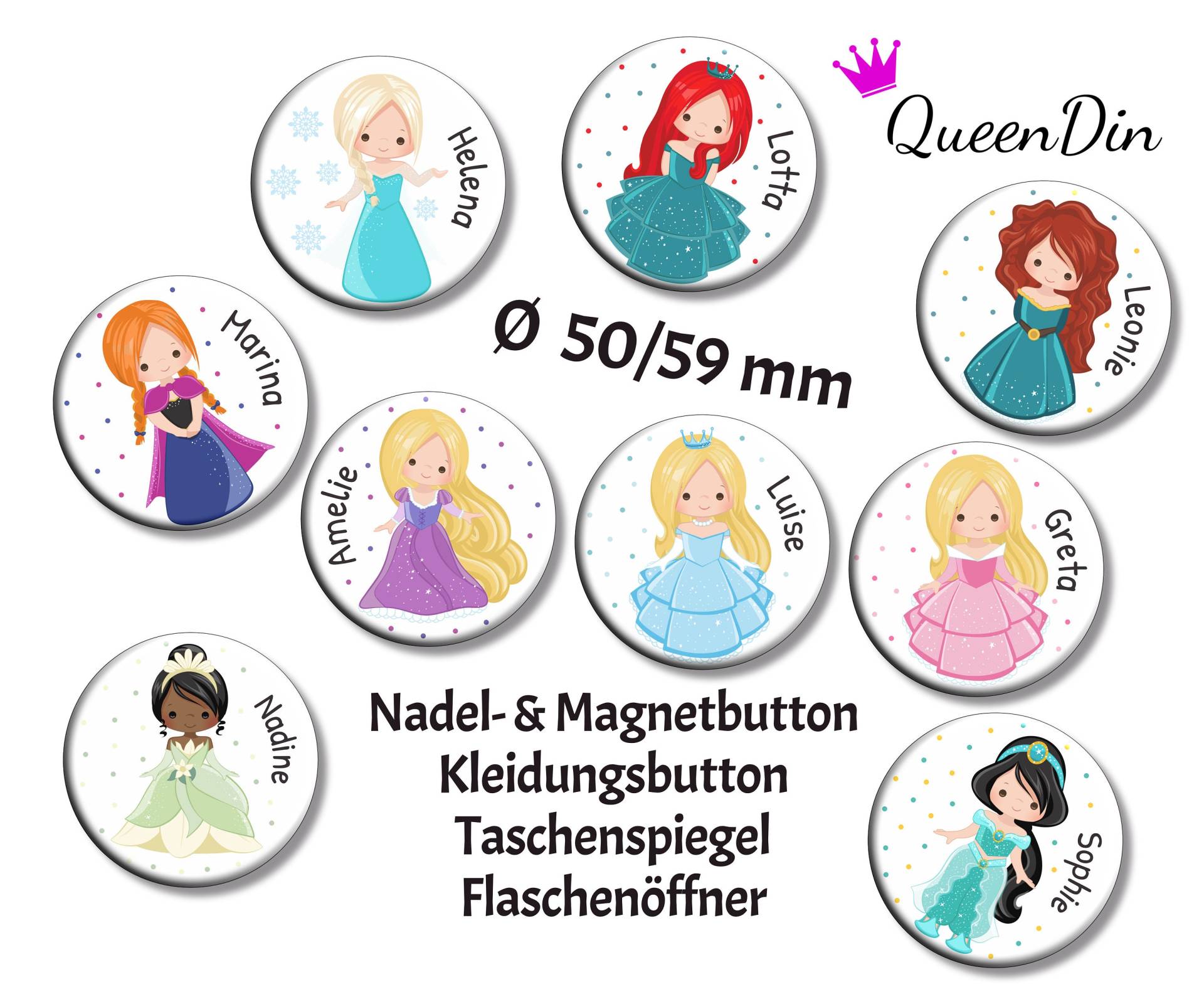 Button "Prinzessin" Ø50/59 Mm Mit Wunschname | Magnet Kleidungsbutton Taschenspiegel Flaschenöffner von QueenDin