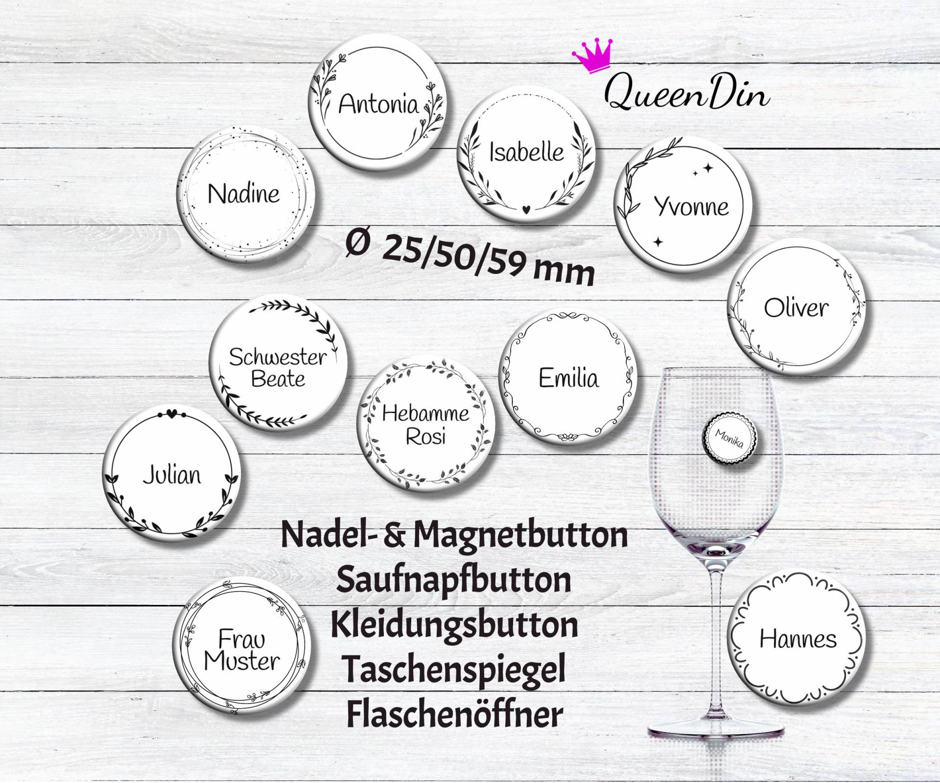 Button "Rahmen" Ø25/50/59 Mm Mit Wunschname | Ansteckbutton Magnet Kleidungsbutton Taschenspiegel Flaschenöffner von QueenDin