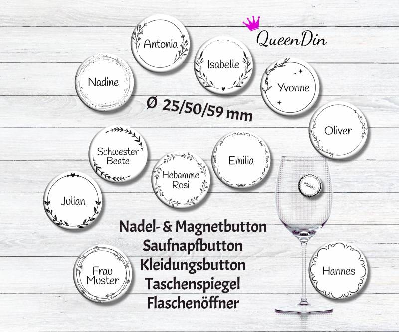 Button "Rahmen" Ø25/50/59 Mm Mit Wunschname | Ansteckbutton Magnet Kleidungsbutton Taschenspiegel Flaschenöffner von QueenDin