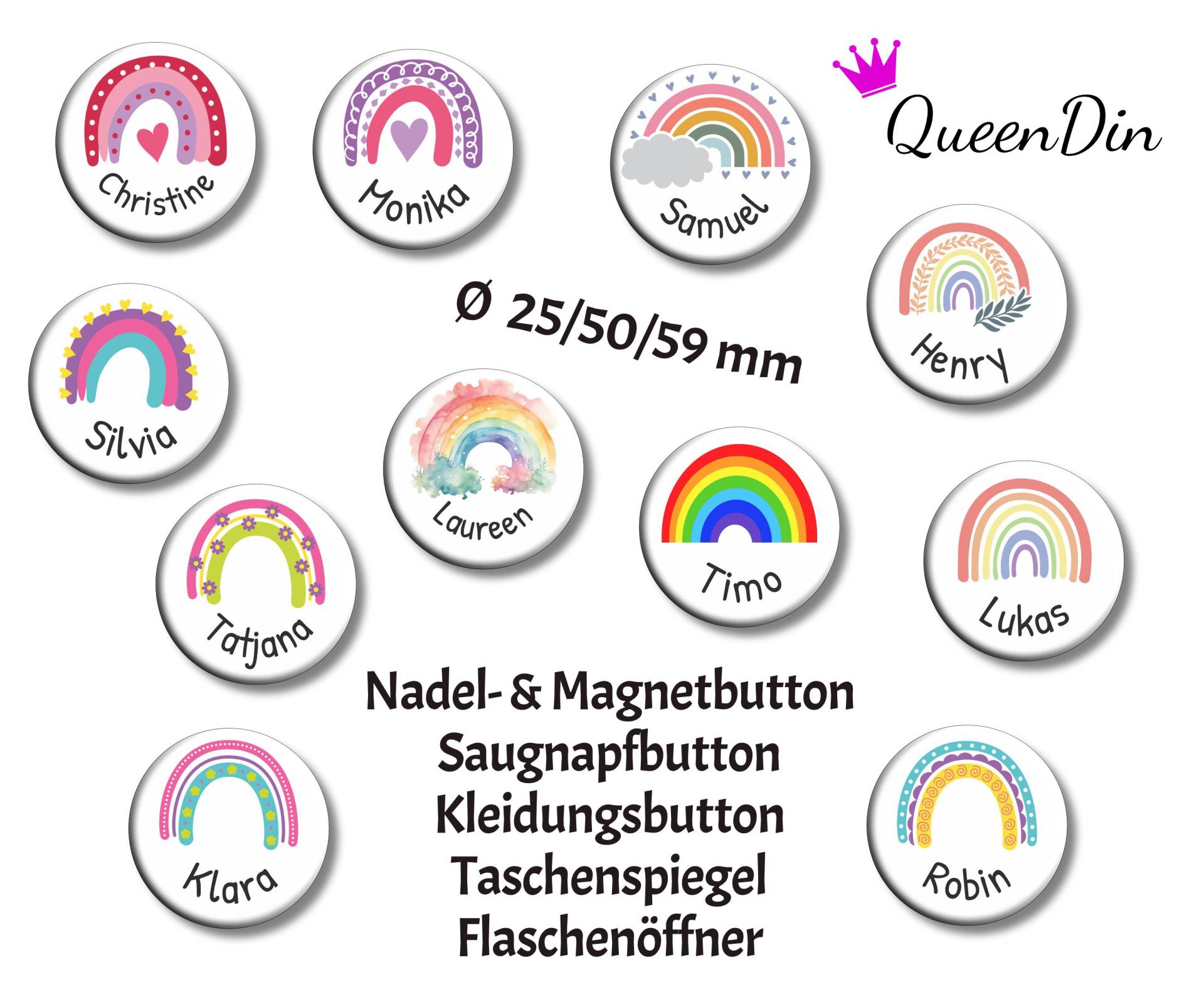 Button "Regenbogen" Ø25/50/59 Mm Mit Wunschname | Magnet Kleidungsbutton Taschenspiegel Flaschenöffner Glasmarkierer von QueenDin