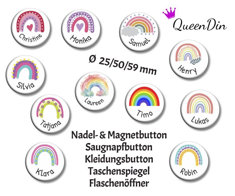 Button "Regenbogen" Ø25/50/59 Mm Mit Wunschname | Magnet Kleidungsbutton Taschenspiegel Flaschenöffner Glasmarkierer von QueenDin