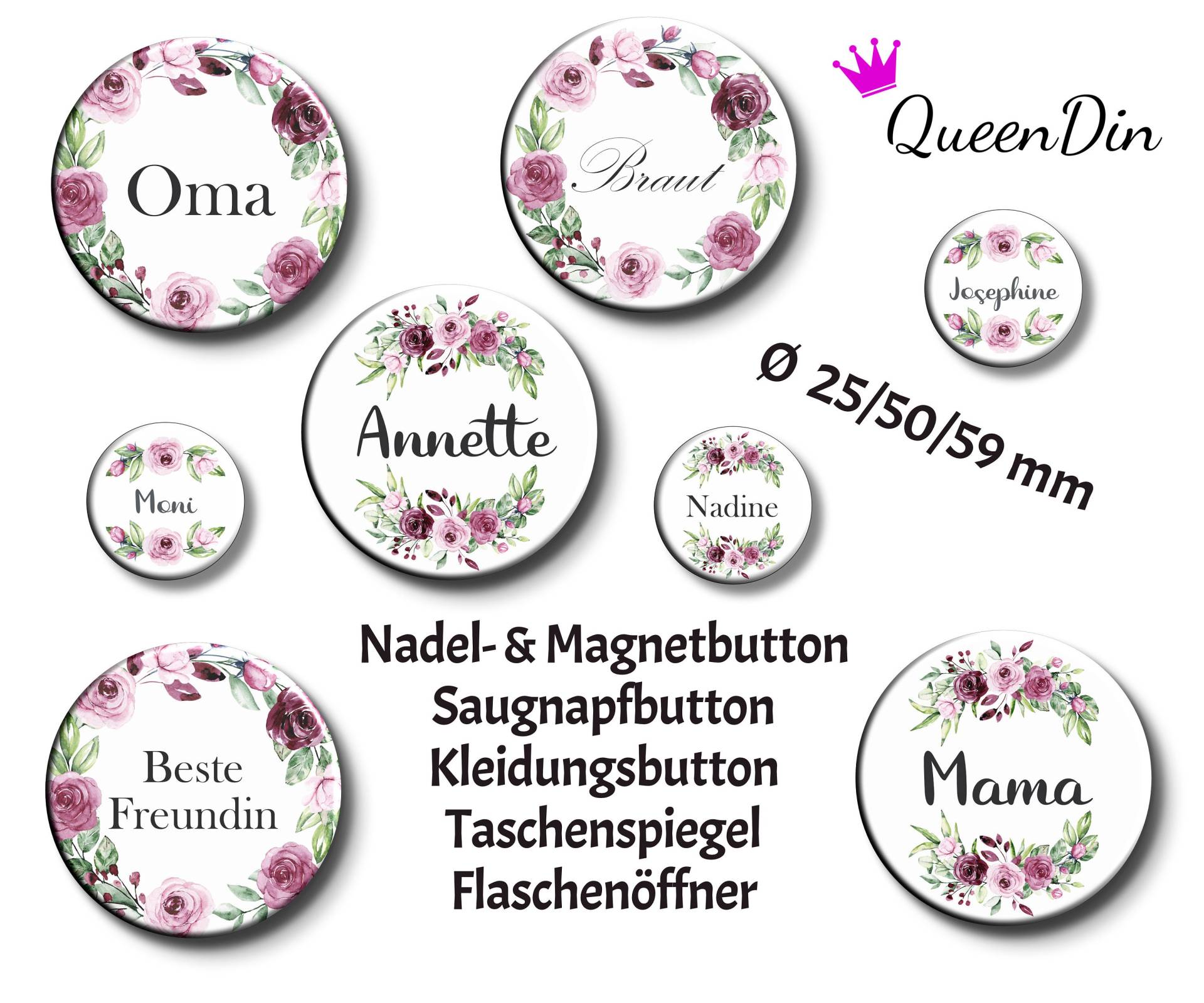 Button "Rosen" Ø25/50/59 Mm Mit Wunschname | Magnet Kleidungsbutton Taschenspiegel Flaschenöffner Glasmarkierer von QueenDin