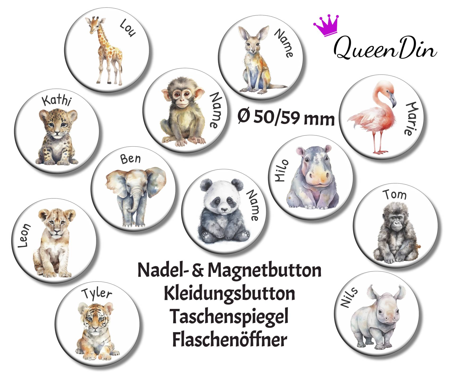Button "Safari" Ø50/59 Mm Mit Wunschname | Magnet Kleidungsbutton Taschenspiegel Flaschenöffner von QueenDin