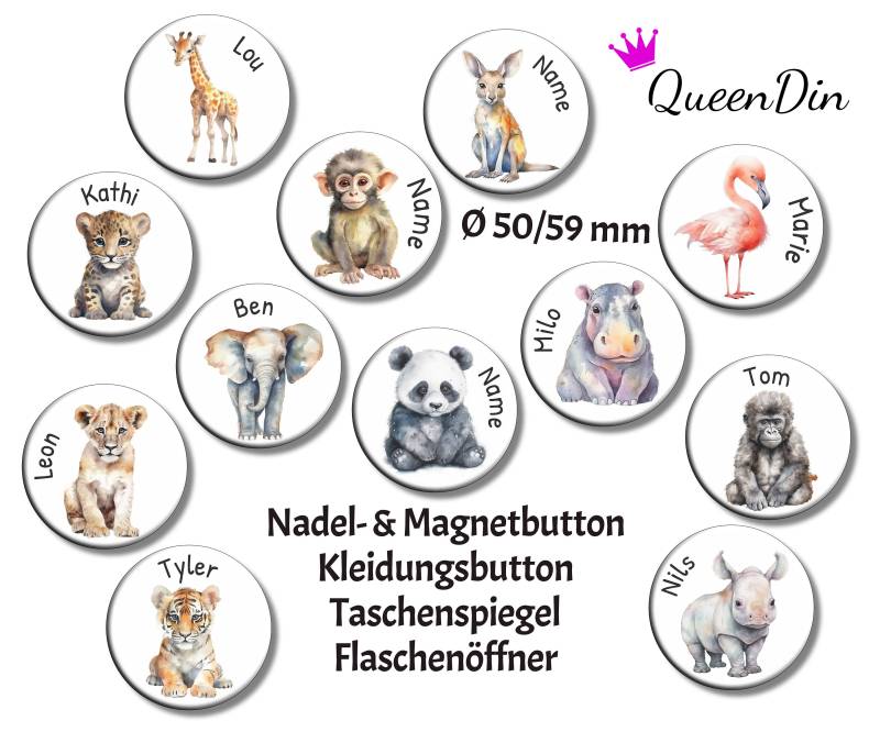 Button "Safari" Ø50/59 Mm Mit Wunschname | Magnet Kleidungsbutton Taschenspiegel Flaschenöffner von QueenDin