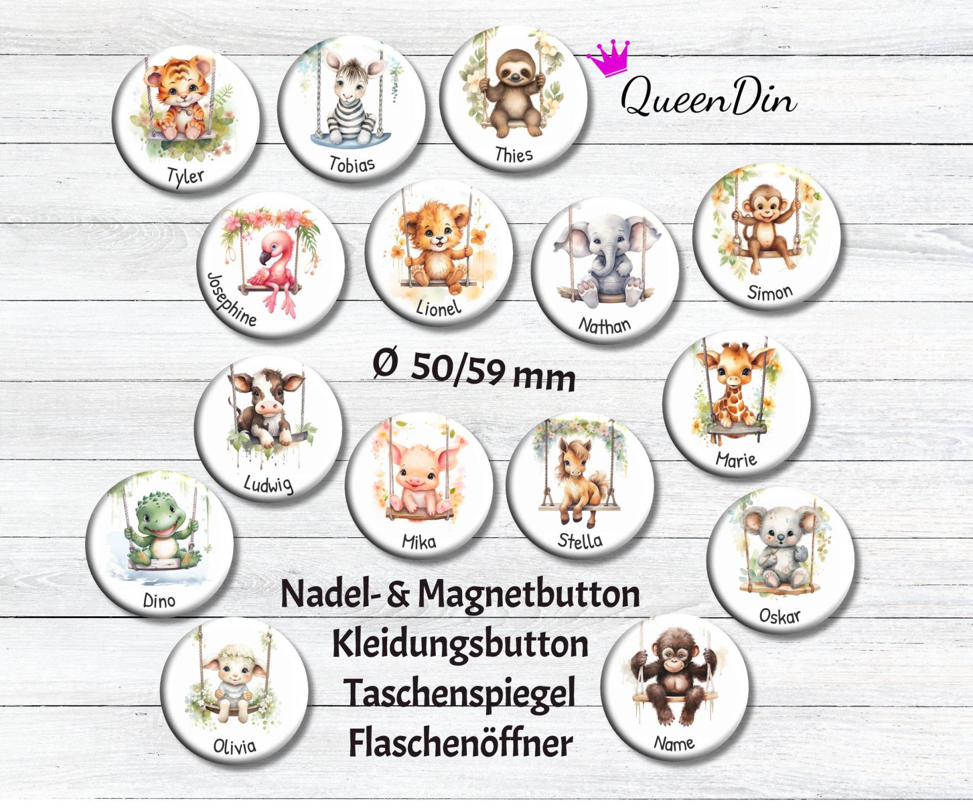 Button "Schaukeltiere" Ø50/59 Mm Mit Wunschname | Ansteckbutton Magnet Kleidungsbutton Taschenspiegel Flaschenöffner von QueenDin