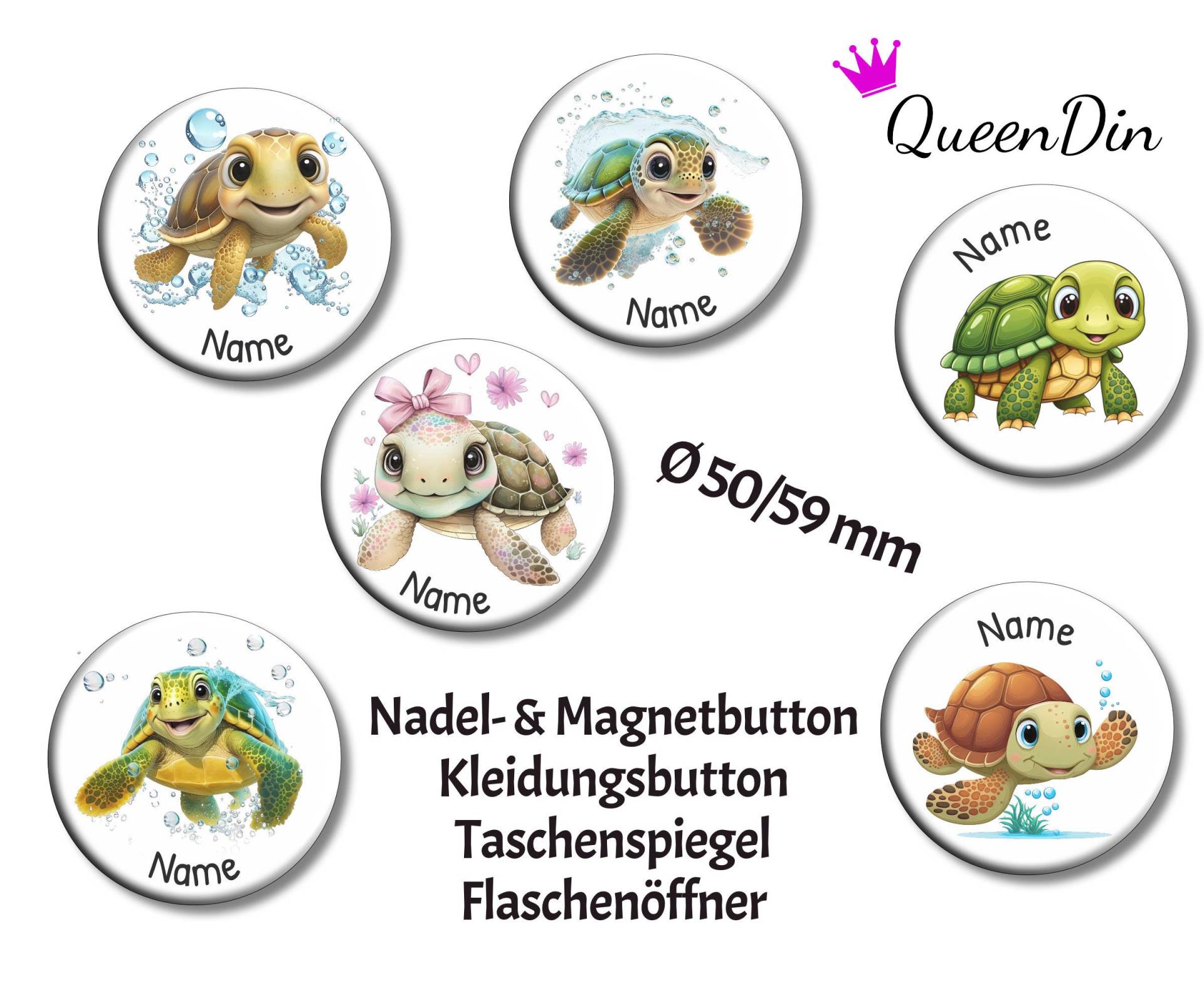 Button "Schildkröte" Ø50/59 Mm Mit Wunschname | Magnet Kleidungsbutton Taschenspiegel Flaschenöffner von QueenDin