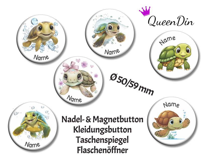 Button "Schildkröte" Ø50/59 Mm Mit Wunschname | Magnet Kleidungsbutton Taschenspiegel Flaschenöffner von QueenDin