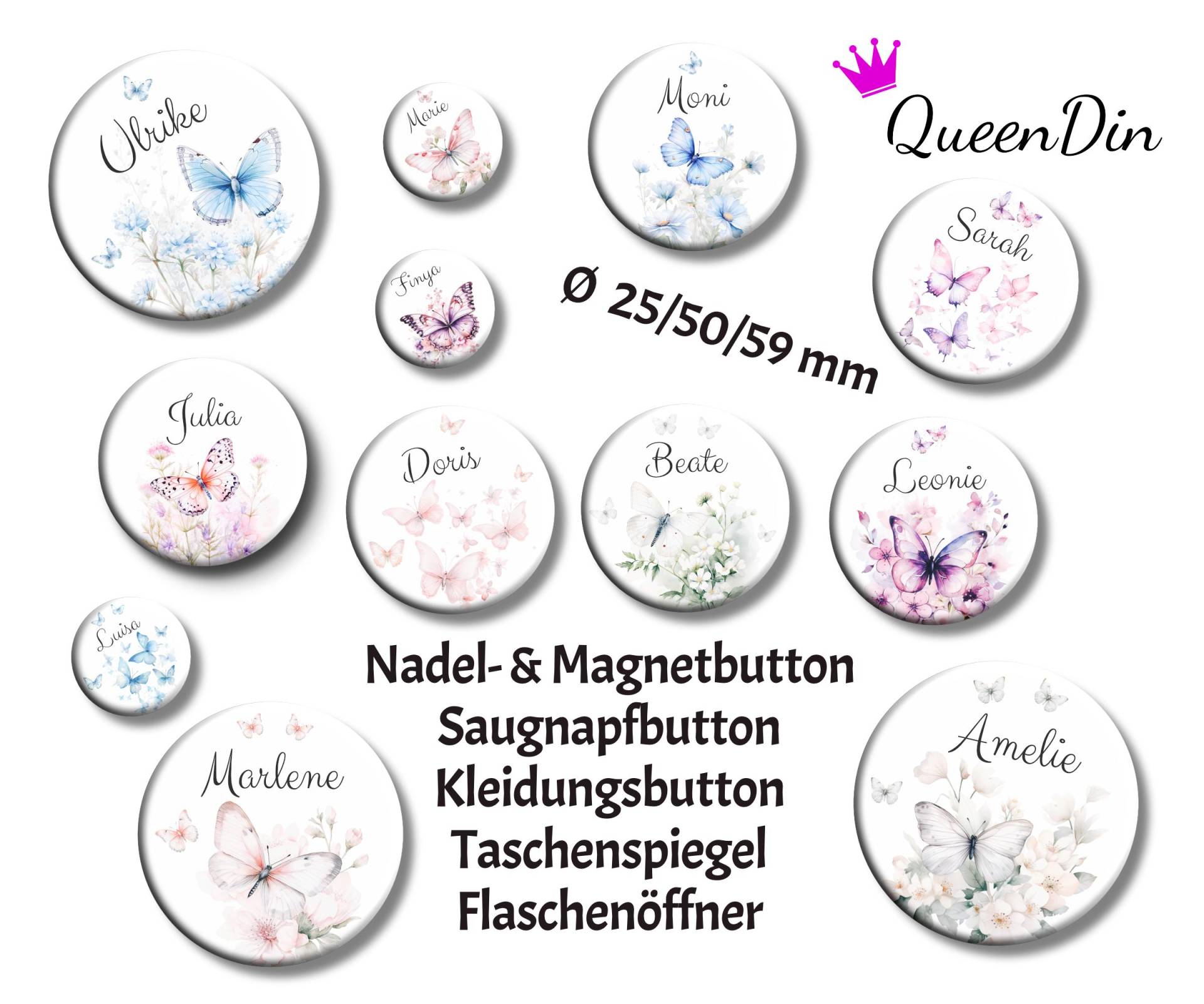 Button "Schmetterlinge" Ø25/50/59 Mm Mit Wunschname | Magnet Kleidungsbutton Taschenspiegel Flaschenöffner Glasmarkierer von QueenDin