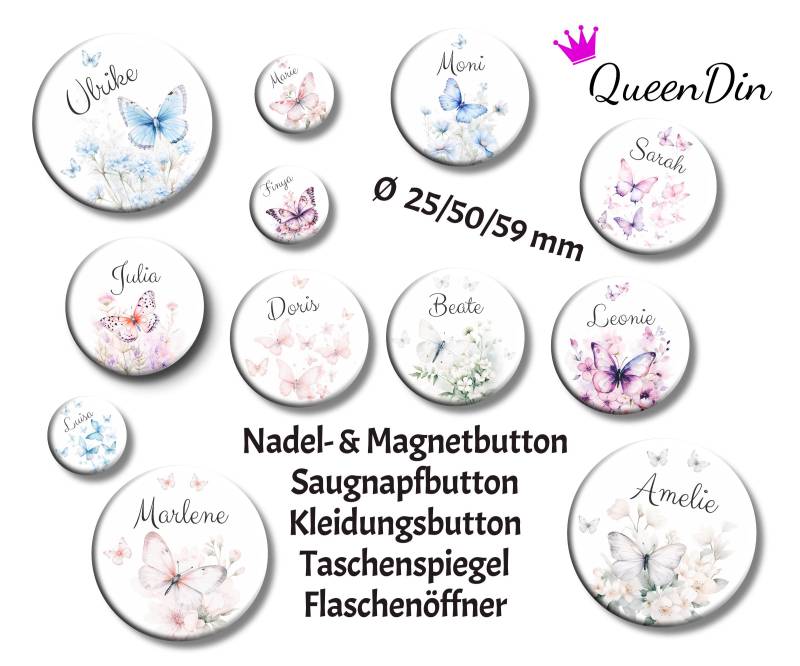 Button "Schmetterlinge" Ø25/50/59 Mm Mit Wunschname | Magnet Kleidungsbutton Taschenspiegel Flaschenöffner Glasmarkierer von QueenDin