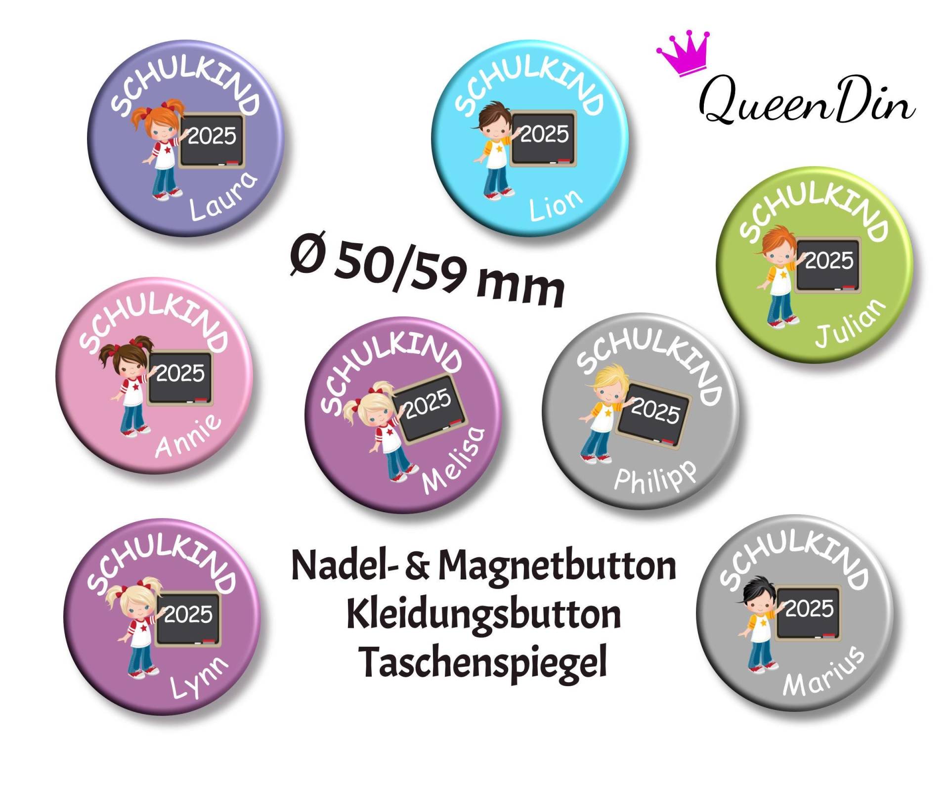 Button "Schulkind 2025" Ø50/59 Mm Mit Wunschname | Magnet Kleidungsbutton Taschenspiegel Flaschenöffner von QueenDin