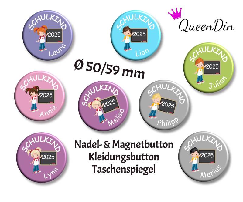Button "Schulkind 2025" Ø50/59 Mm Mit Wunschname | Magnet Kleidungsbutton Taschenspiegel Flaschenöffner von QueenDin