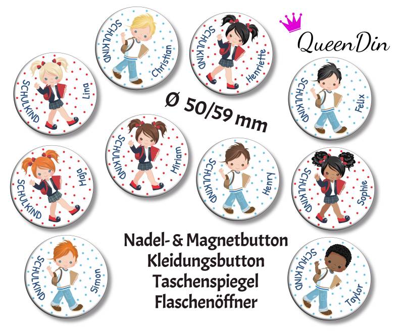 Button "Schulkind Mit Buch" Ø50/59 Mm Wunschname | Magnet Kleidungsbutton Taschenspiegel Flaschenöffner von QueenDin