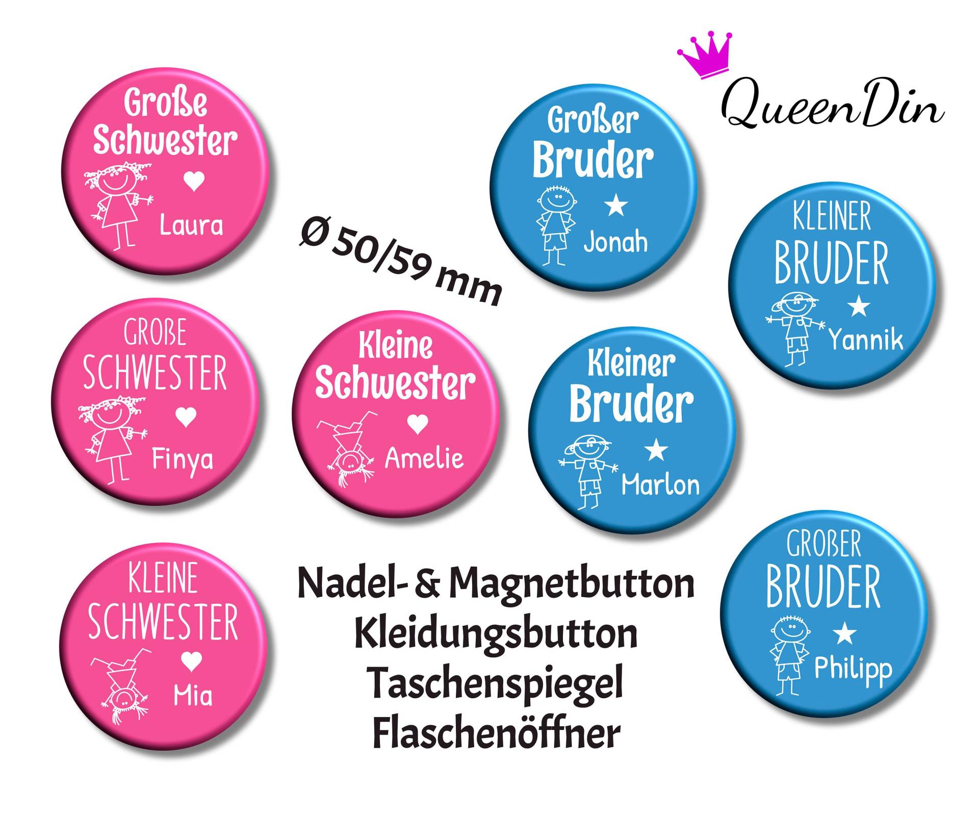 Button "Schwester/Bruder" Ø50/59 Mm Mit Wunschname | Magnet Kleidungsbutton Taschenspiegel Flaschenöffner von QueenDin