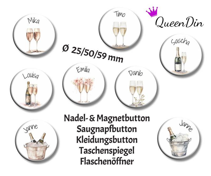 Button "Sekt" Ø25/50/59 Mm Mit Wunschname | Magnet Kleidungsbutton Taschenspiegel Flaschenöffner Glasmarkierer von QueenDin