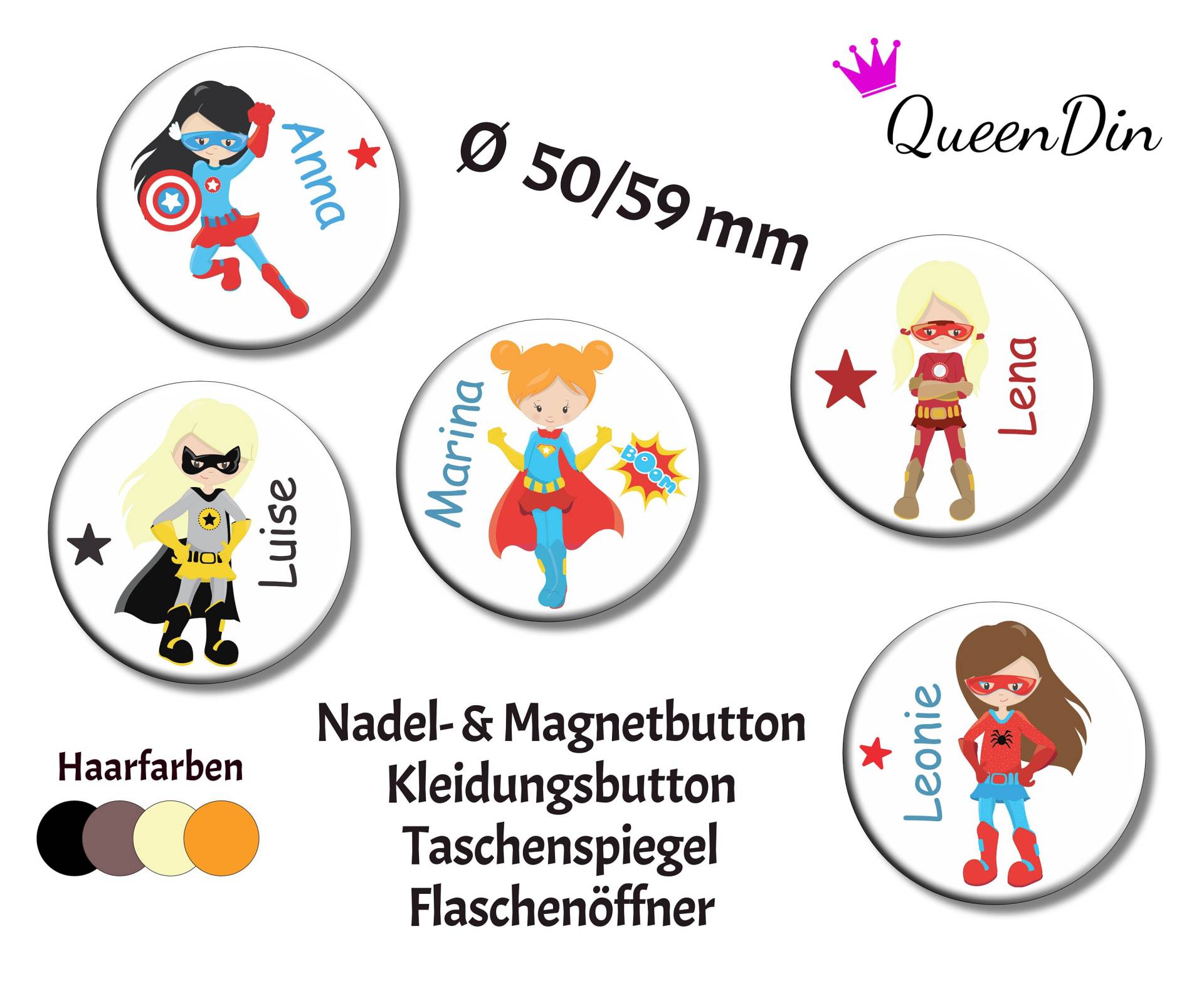 Button "Superheldin" Ø50/59 Mm Mit Wunschname | Magnet Kleidungsbutton Taschenspiegel Flaschenöffner von QueenDin