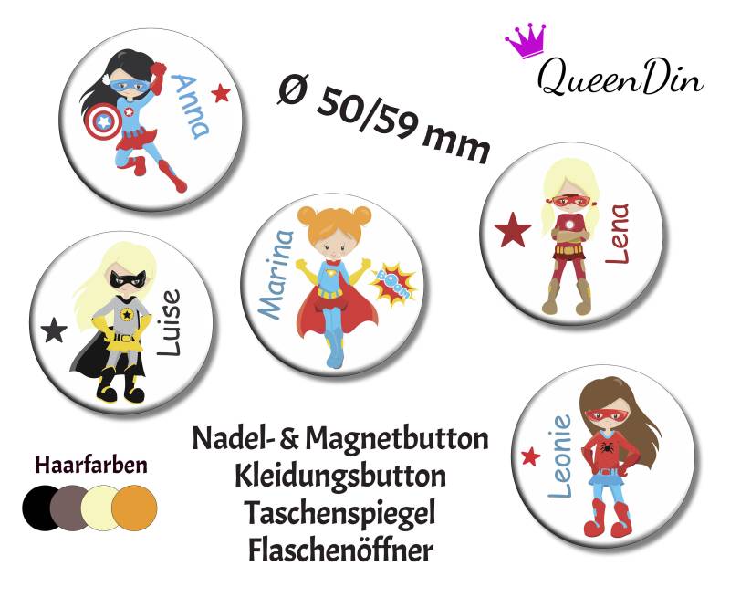 Button "Superheldin" Ø50/59 Mm Mit Wunschname | Magnet Kleidungsbutton Taschenspiegel Flaschenöffner von QueenDin