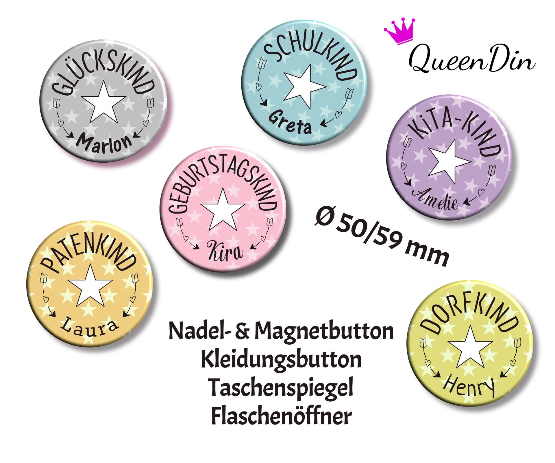 Button "Textstern" Ø50/59 Mm Mit Wunschname | Magnet Kleidungsbutton Taschenspiegel Flaschenöffner von QueenDin