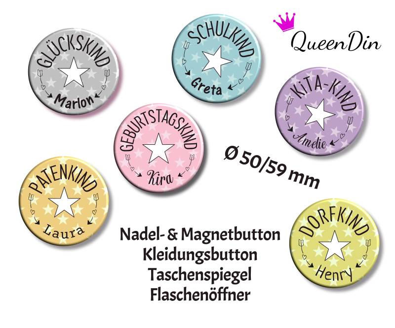 Button "Textstern" Ø50/59 Mm Mit Wunschname | Magnet Kleidungsbutton Taschenspiegel Flaschenöffner von QueenDin