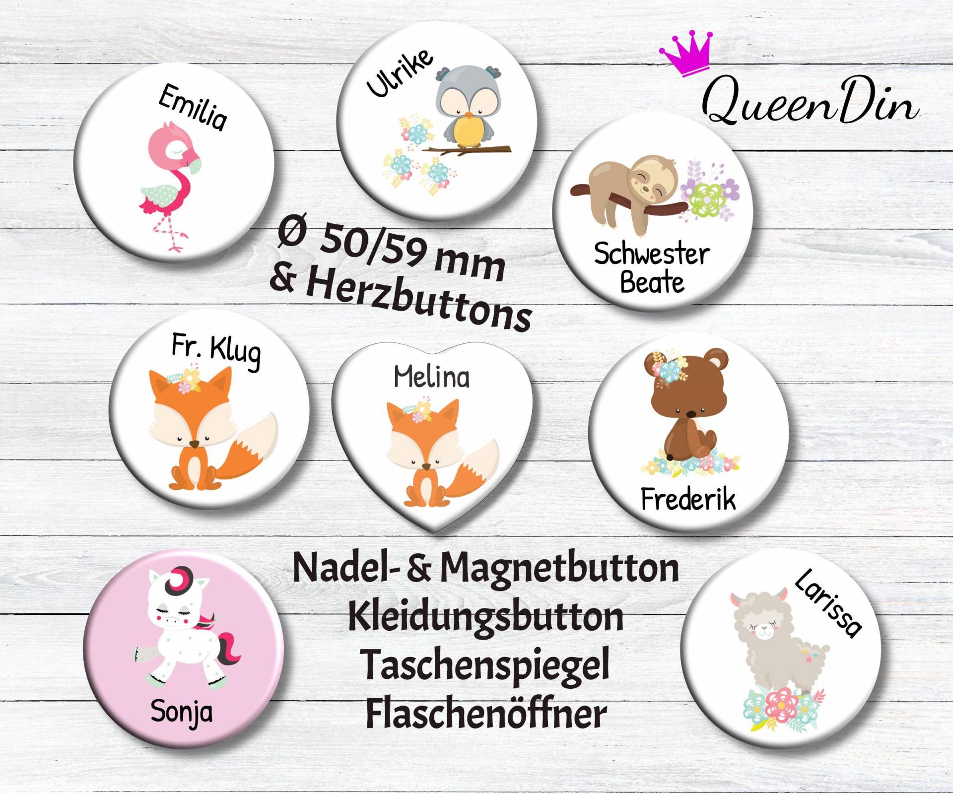 Button "Tiere" Ø50/59 Mm, Herzbutton Mit Wunschname | Anstecknadel Magnet Kleidungsbutton Taschenspiegel Flaschenöffner von QueenDin