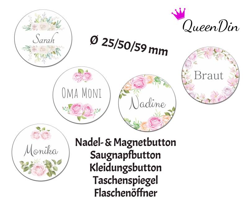 Button "Vintage Rosen" Ø25/50/59 Mm Mit Wunschname | Magnet Kleidungsbutton Taschenspiegel Flaschenöffner Glasmarkierer von QueenDin