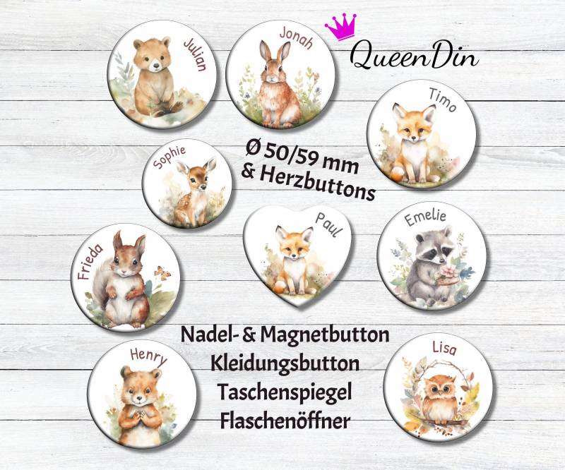 Button "Waldtiere Ii" Ø50/59 Mm, Herzbutton Mit Wunschname | Ansteckbutton Magnet Kleidungsbutton Taschenspiegel Flaschenöffner von QueenDin