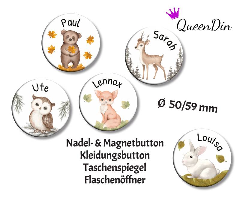 Button "Waldtiere" Ø50/59 Mm Mit Wunschname | Magnet Kleidungsbutton Taschenspiegel Flaschenöffner von QueenDin