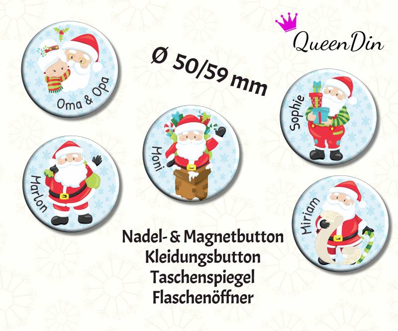 Button "Weihnachtsmann" Ø50/59 Mm Mit Wunschname | Ansteckbutton Magnet Kleidungsbutton Taschenspiegel Flaschenöffner von QueenDin