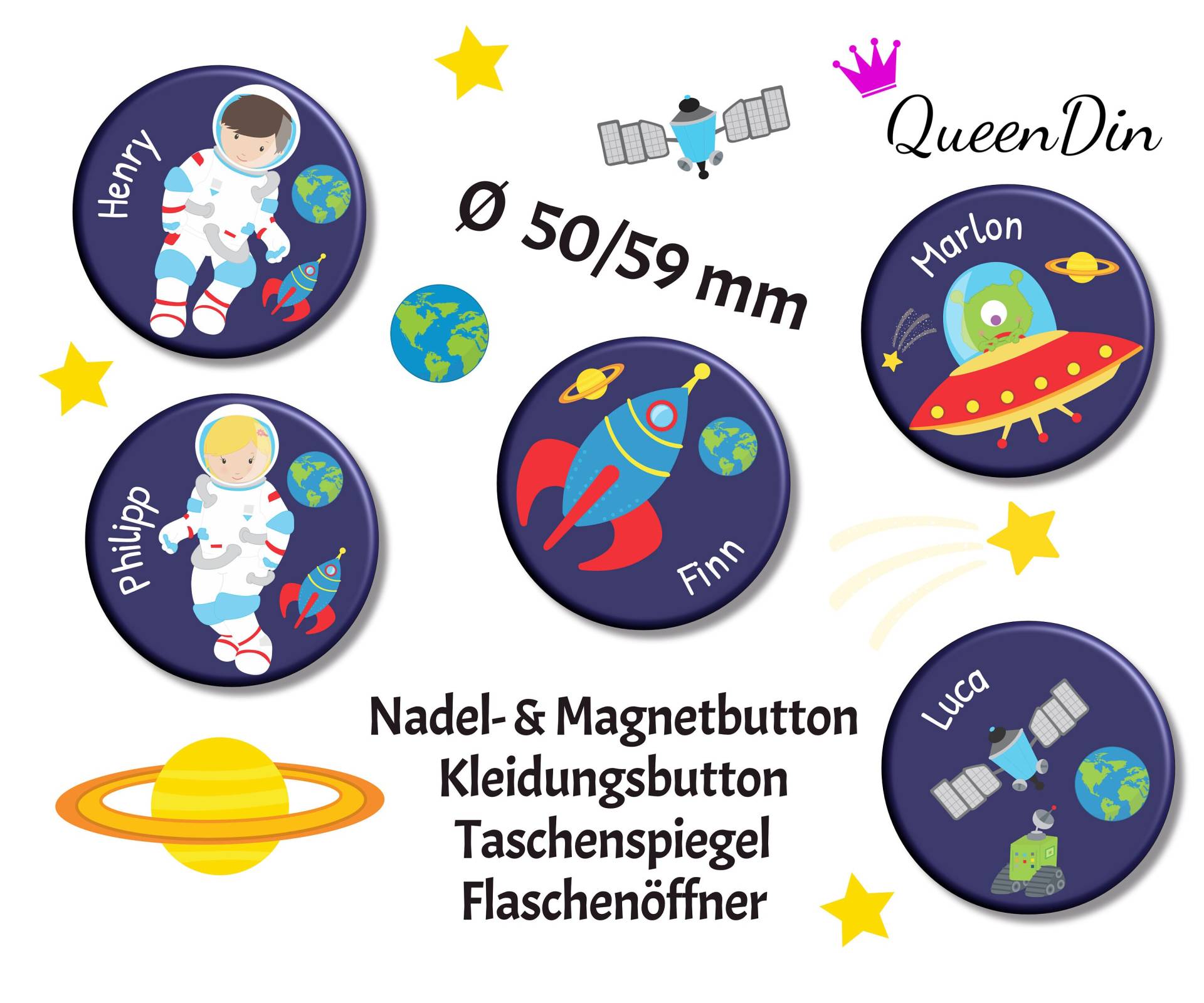 Button "Weltall" Ø50/59 Mm Mit Wunschname | Magnet Kleidungsbutton Taschenspiegel Flaschenöffner von QueenDin