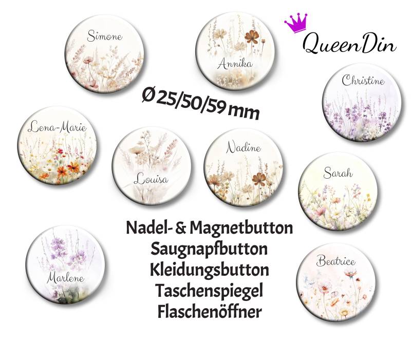 Button "Wildblumenwiese" Ø25/50/59 Mm Mit Wunschname | Magnet Kleidungsbutton Taschenspiegel Flaschenöffner Glasmarkierer von QueenDin